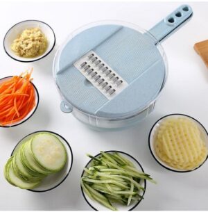 8-in-1 Vegetable Chopper and Mandoline Slicer for slicing, grating, and peeling. BPA-free, stainless steel design for safe and efficient food prep.