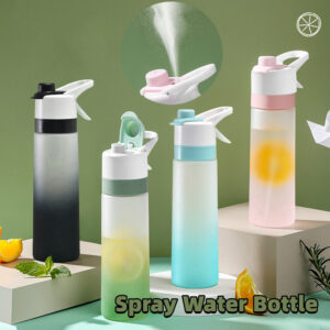 Stylish spray water bottle for girls, featuring a wide mouth, leakproof lid, and cooling mist spray. Available in white, green, pink, and black.