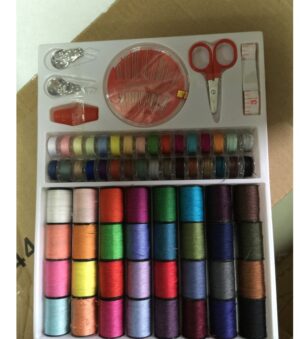 64 rolls of colorful sewing machine thread arranged neatly in a set.