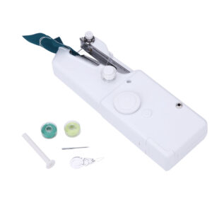 Portable handheld sewing machine in white, compact and lightweight.