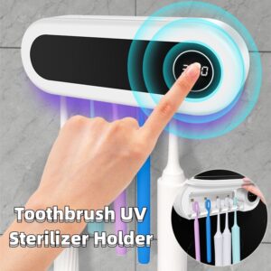 Wall-mounted UV toothbrush holder with disinfection feature, USB-C rechargeable battery, and easy adhesive installation.